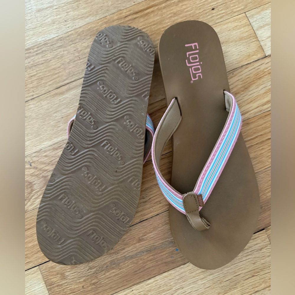 Flojos Tan Flip Flops with Pastel Striped Straps
